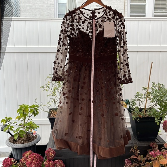 Mac Duggal - Brown Embellished Illusion High Neck Long Sleeve Fit & Flare Dress - Picture 4 of 17